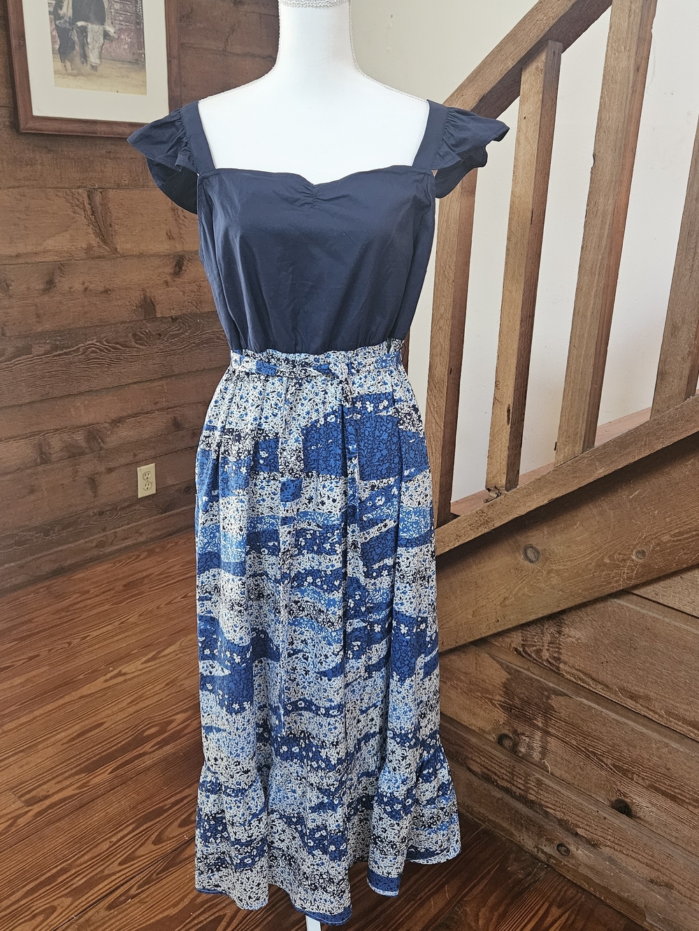 C. Wonder Navy and Light Blue Wrap Around Printed Shoulder Maxi Dress 💙🤍